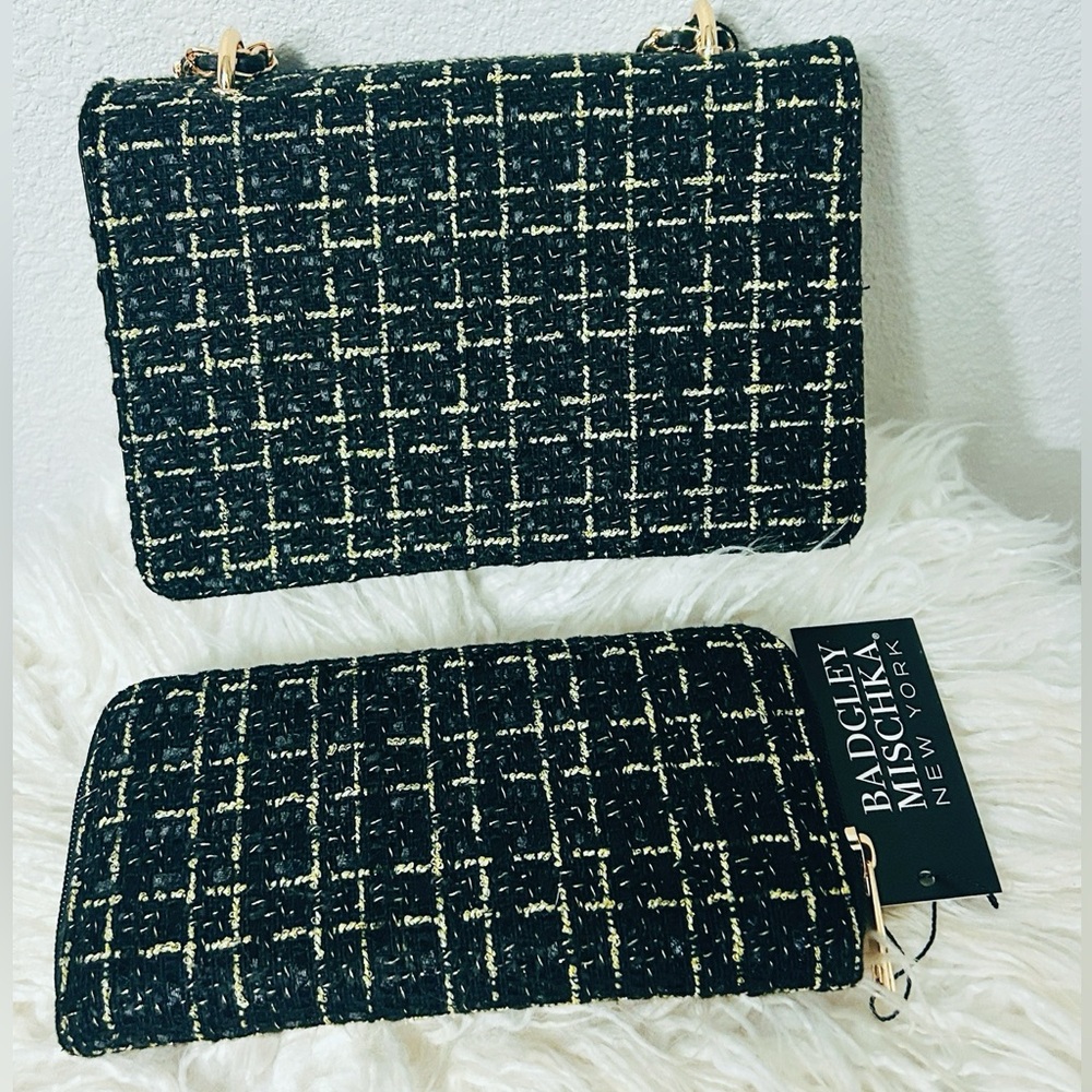 Badgley Mischka Black and Gold Tweed Bag & Wallet Matching Set NWT - Picture 3 of 9